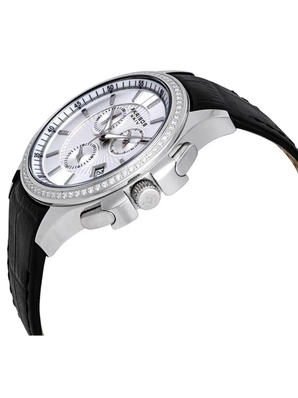 NWT Akribos XXIV Grandiose Crystal Chronograph Steel Black Leather Men's Watch